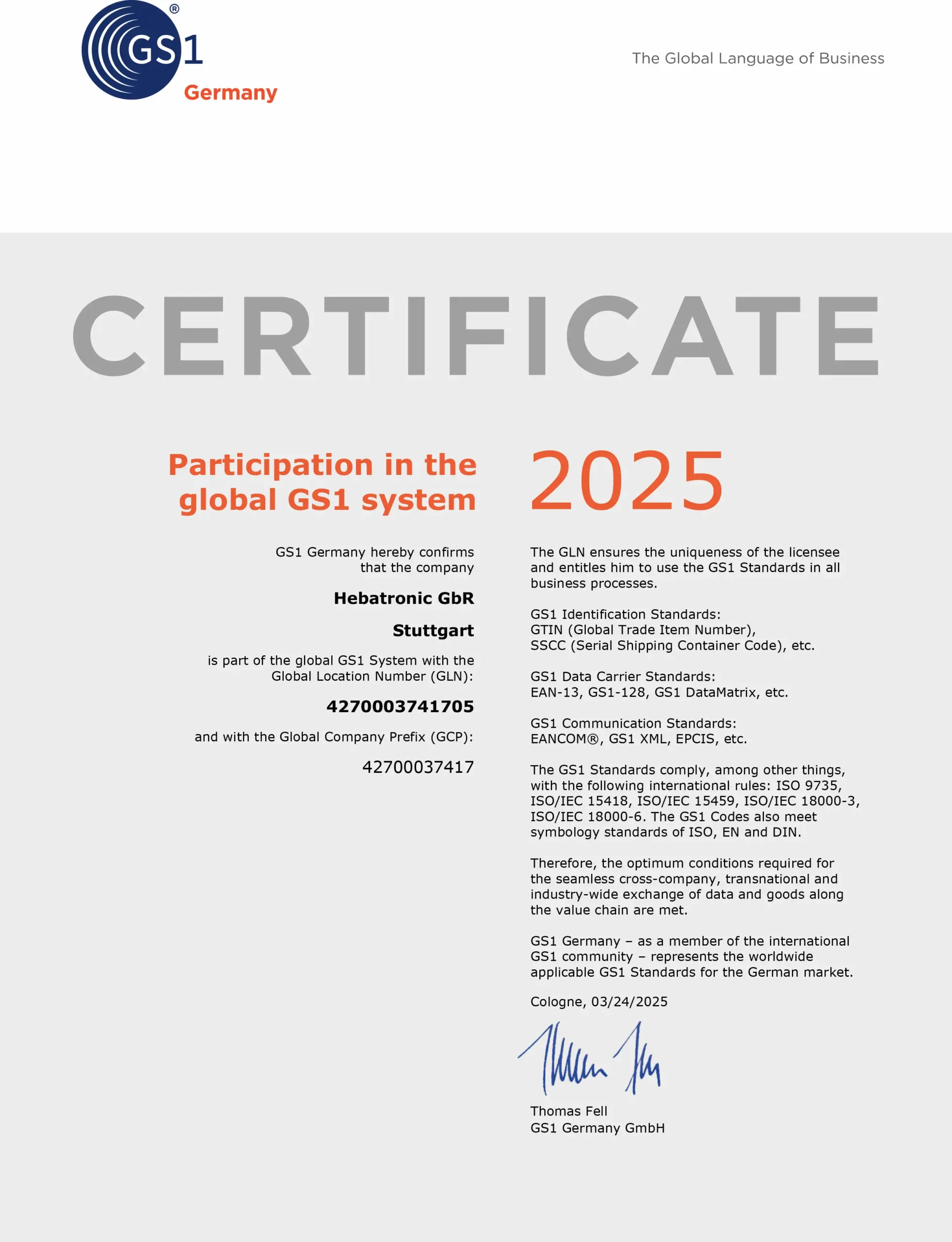 Hebatronic GS1 Germany - Your GS1 Certificate 2025