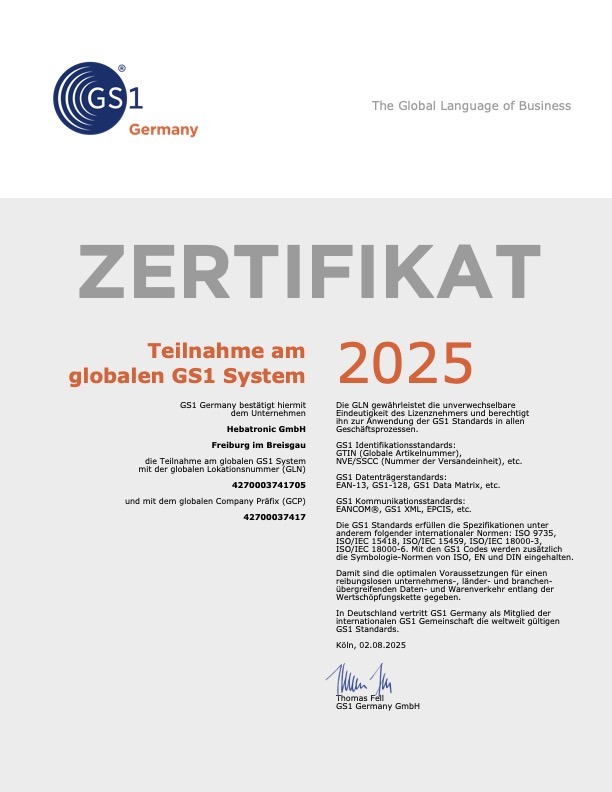 Hebatronic GS1 Germany - Ihr GS1 Zertifikat 2025