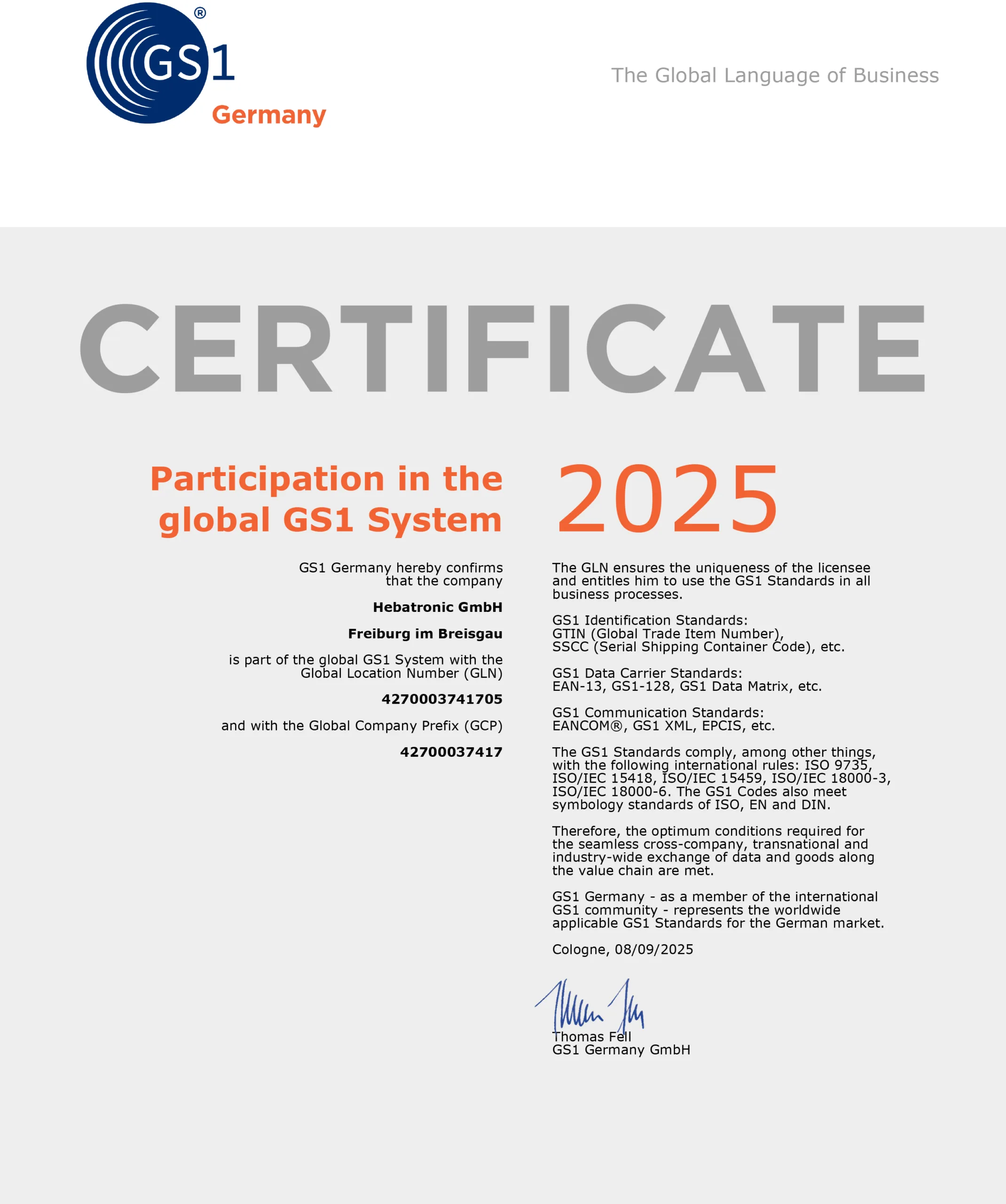 Hebatronic GmbH GS1 Germany GS1 certificate 2025